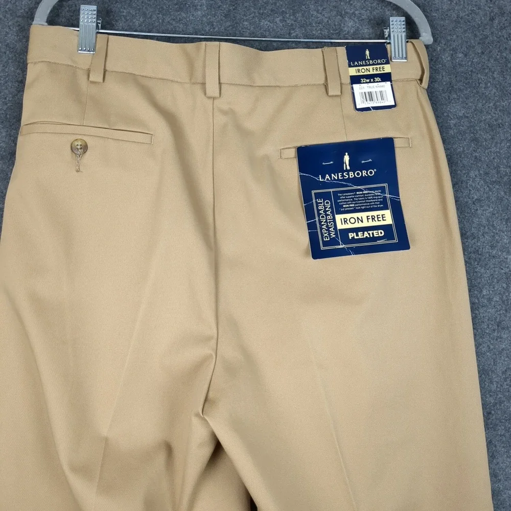 Lanesboro‎ Mens Pleated Khaki Pants 32W x 30L Iron Free Expandable Waist Cotton